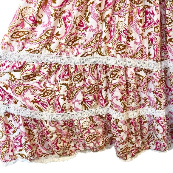 Ethnix Lace Tiered Paisley V-Neck Festival Midi Dress Smocked Boho Cottagecore - Picture 5 of 6